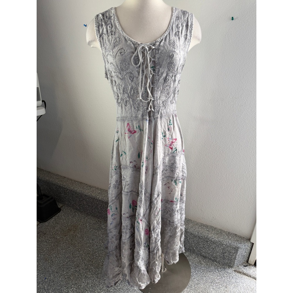 NEW Sakkas Womens L/XL Gray Embroidered Sleeveless Boho Lace Up Maxi Dress